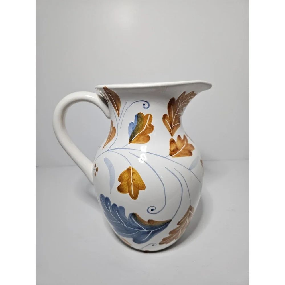Teleflora Gift Ceramic Water Pitcher Hand Painted Fall Oak Leaves Berries White